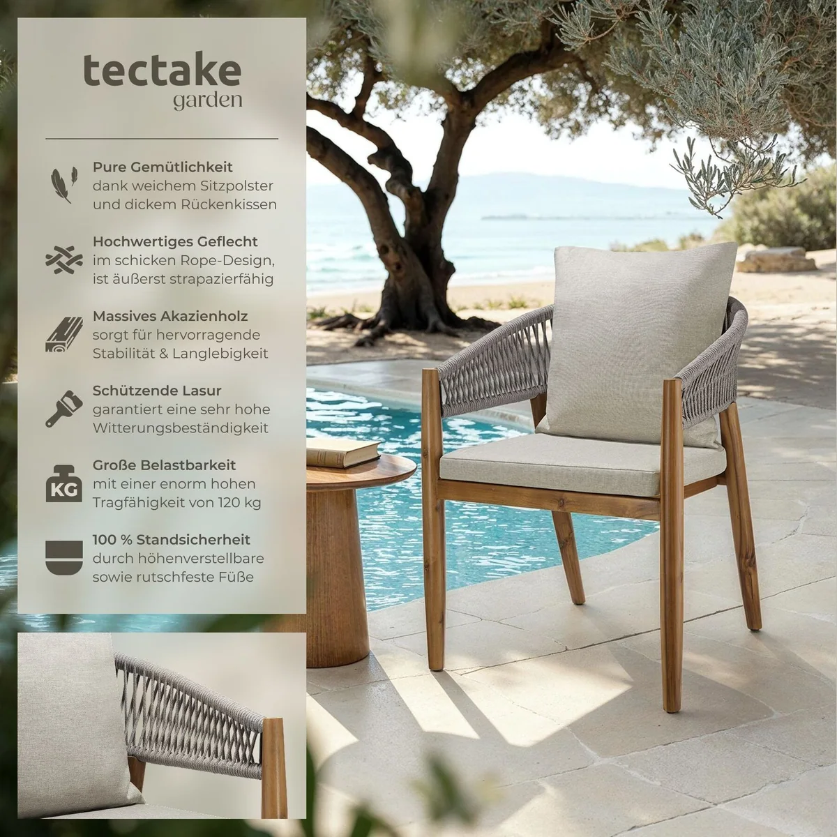 tectake Manacor Gartenstuhl, Akazienholz, Rope-Design, wetterfest 2