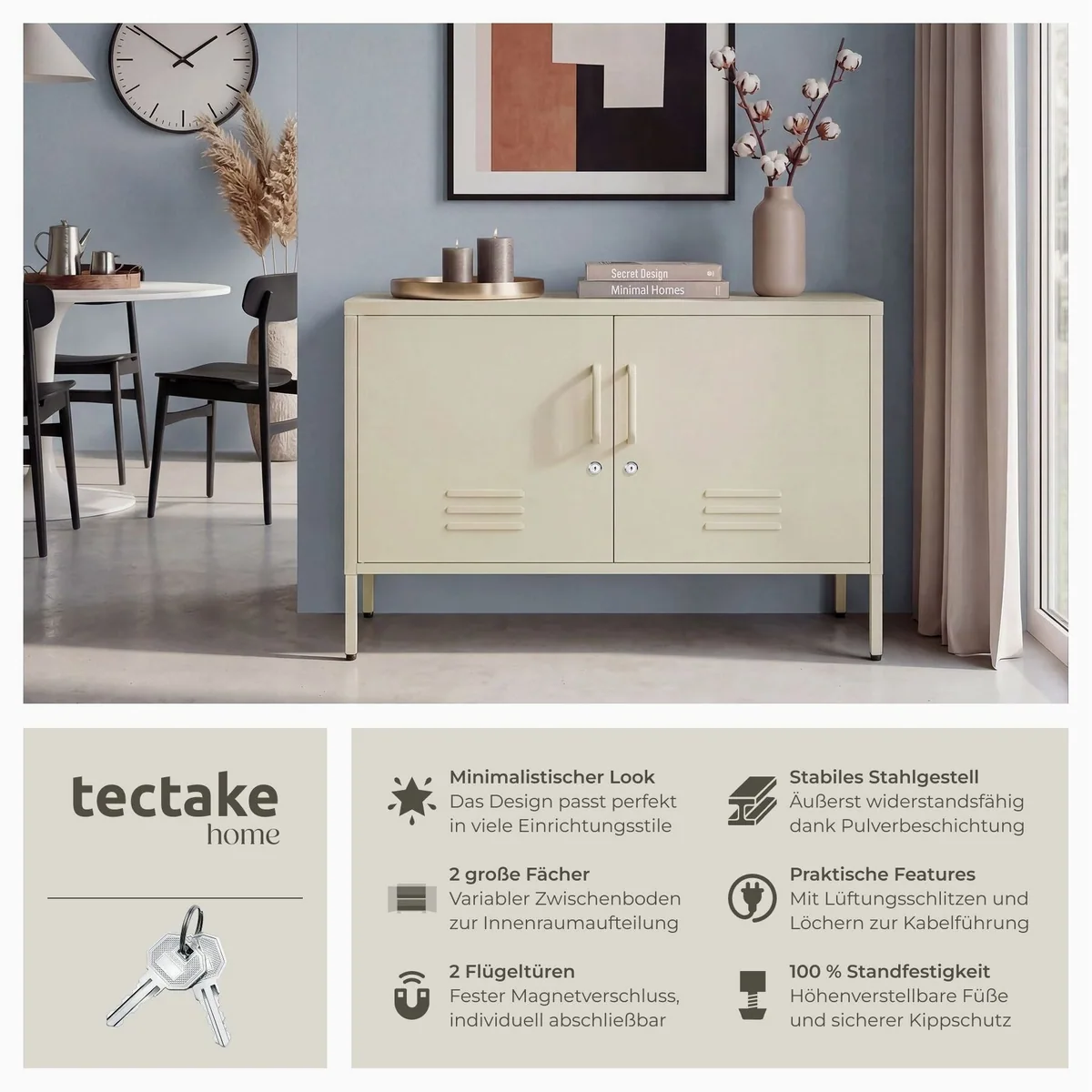 tectake Sideboard Baker, Kippschutz, verstellbare Füße — 100 x 42,5 x 65 cm 2