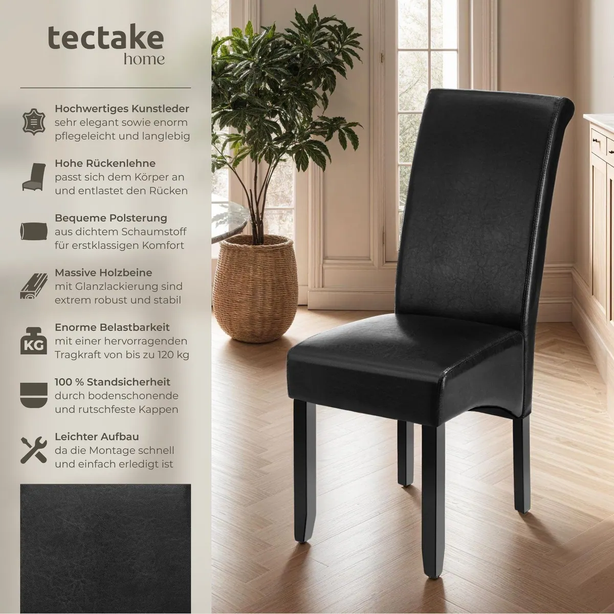 tectake Esszimmerstuhl, gepolstert mit Kunstleder, ergonomisch — 2er Set 2