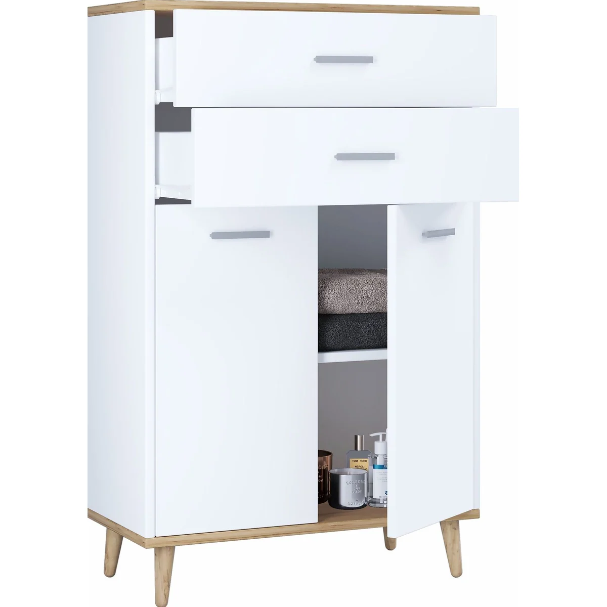 VCM Kommode Lindas, H. 97 x B. 60 x T. 28 cm, 2 Drehtüren, 2 Schubladen